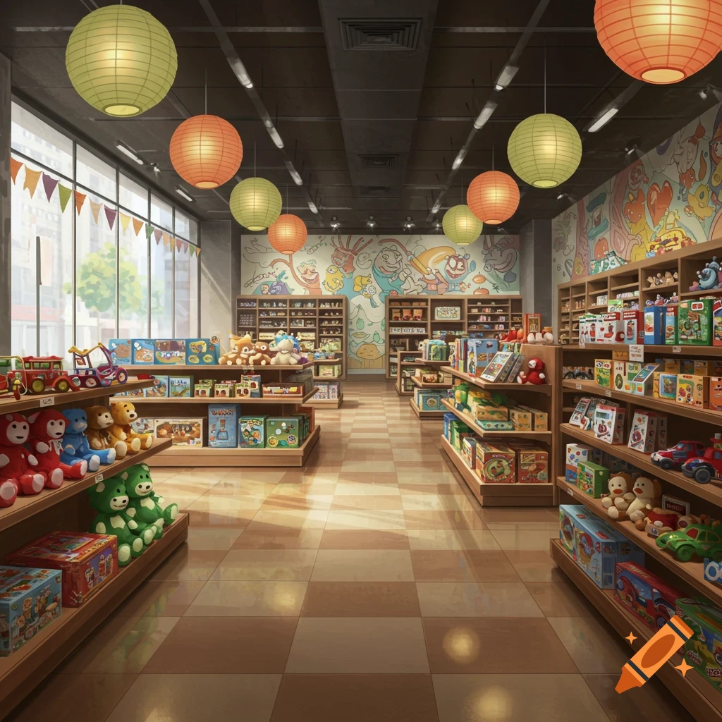 A brightly lit, colorful toy store with shelves packed full of toys and plush animals, adorned with paper lanterns and a whimsical mural.