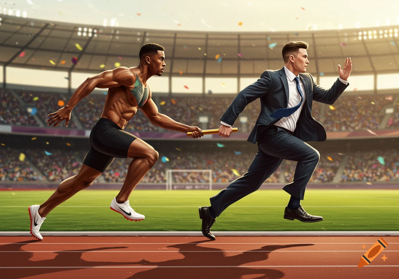 Two men on a running track in a stadium with confetti. One muscular man in athletic shorts passes a gold baton to a man in a business suit, both running.