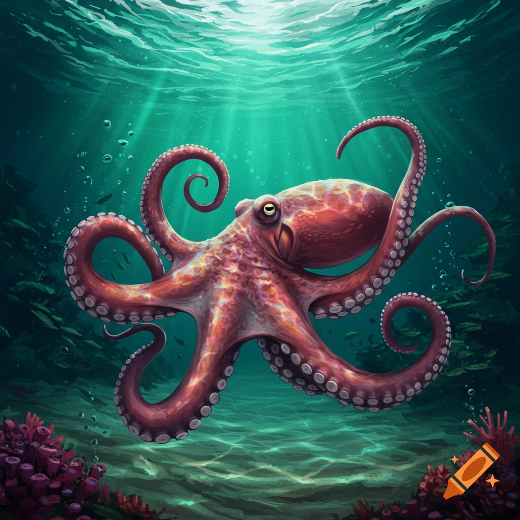 A vibrant, stylized illustration of a reddish-pink octopus with curled tentacles swimming in clear blue-green ocean water, with light rays and coral.