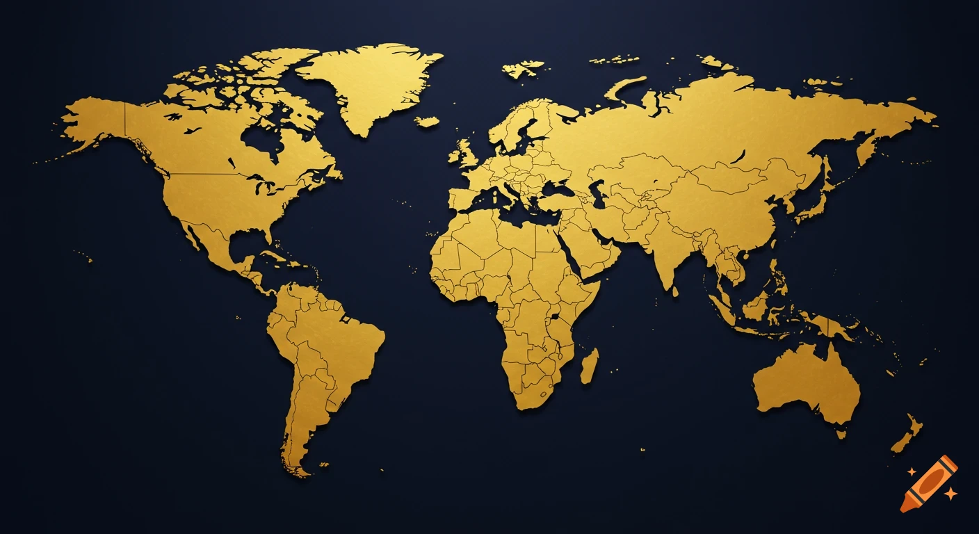 A stylized golden world map on a dark blue background, showing continents with country borders.