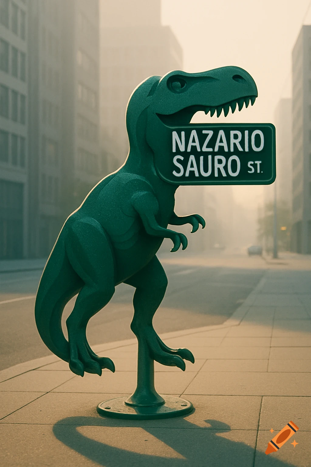 A green dinosaur statue holding a street sign that reads "NAZARIO SAURO ST." on an urban sidewalk, with buildings in the misty background.