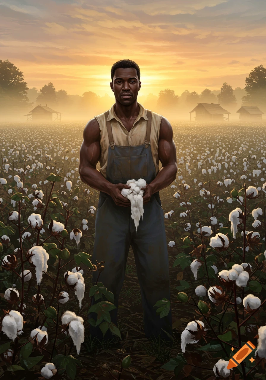 A muscular Black man in overalls holds cotton in a field at sunset, with misty cabins in the background, digital painting.