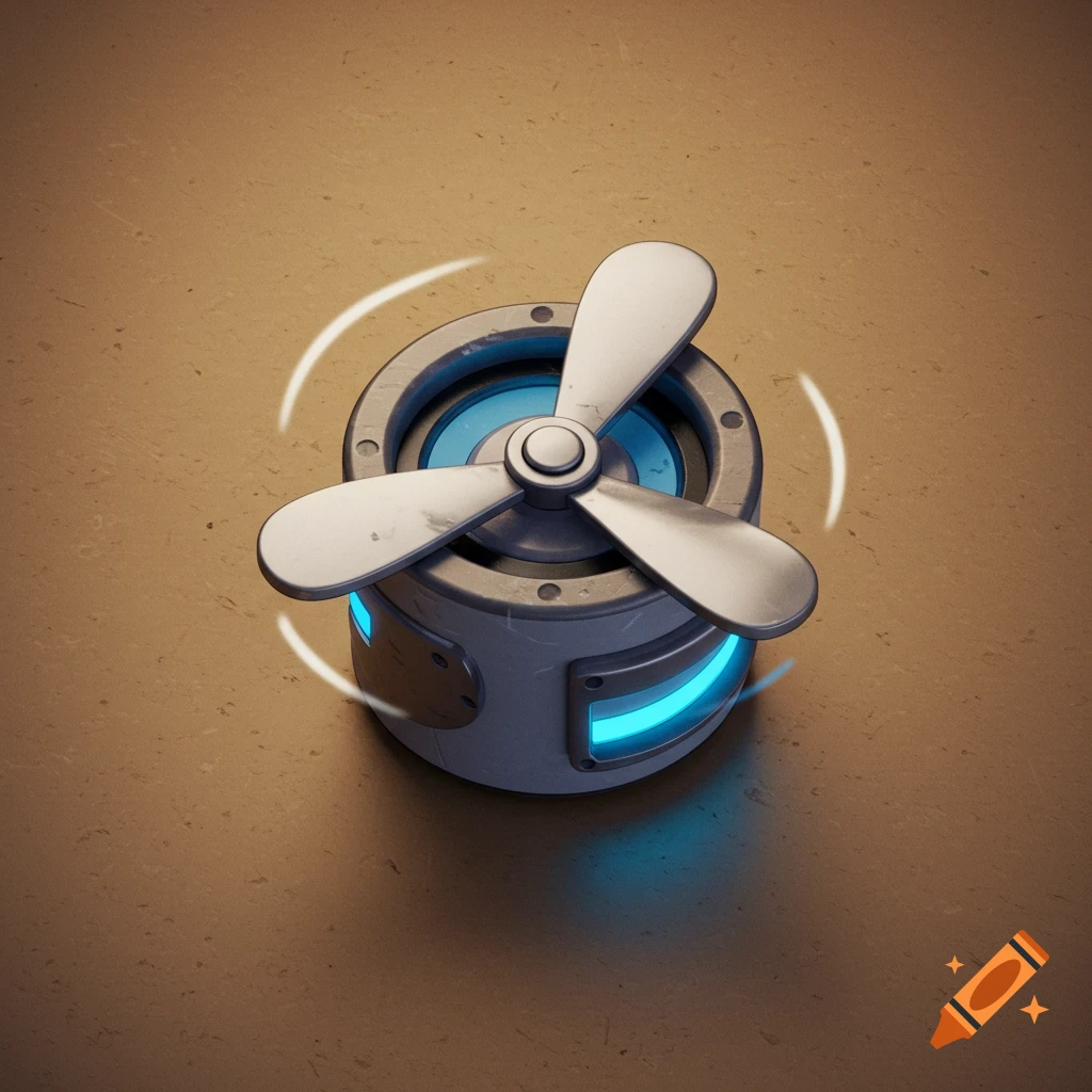 A cartoon-style round cylinder with three silver blades on top, emitting blue light from its sides, on a tan background.