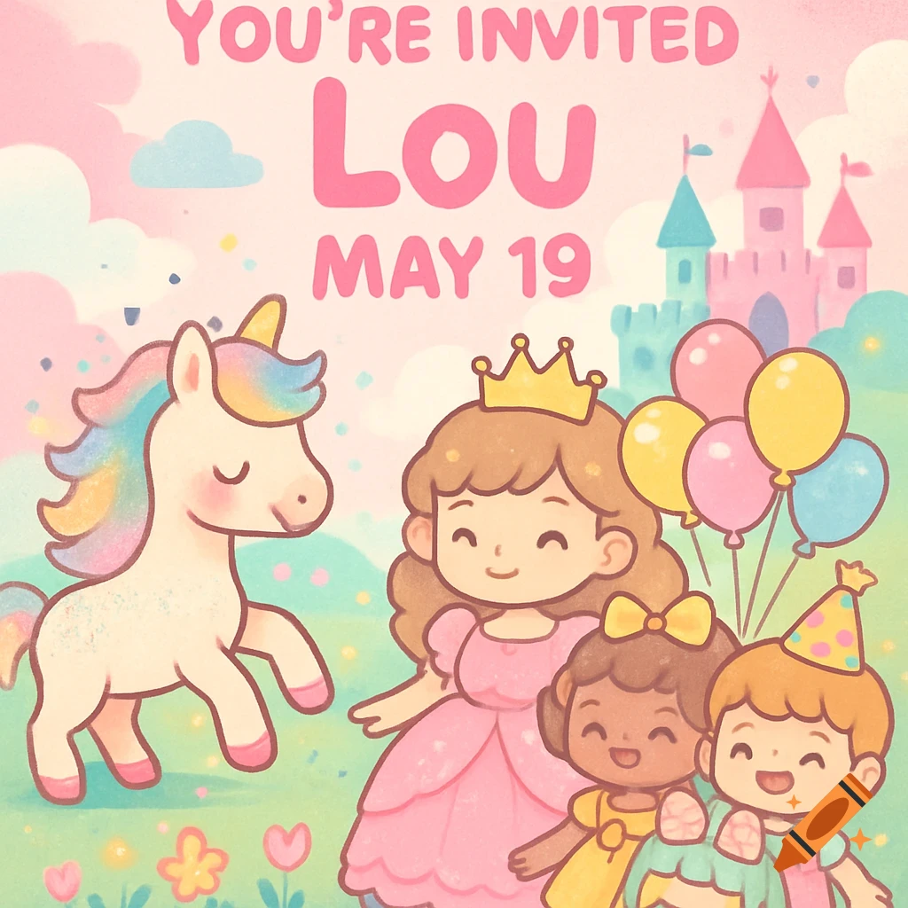 Kawaii birthday invitation with a unicorn, a princess, and children celebrating with balloons and confetti in front of a castle. Text reads "YOU'RE INVITED LOU MAY 19".
