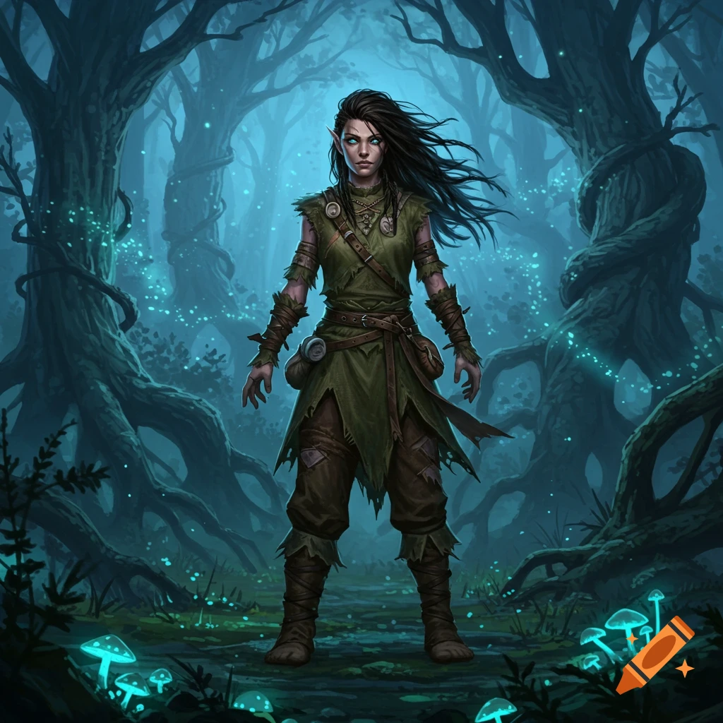 A fantasy elf-like druid woman with dark hair stands in a mystical ...