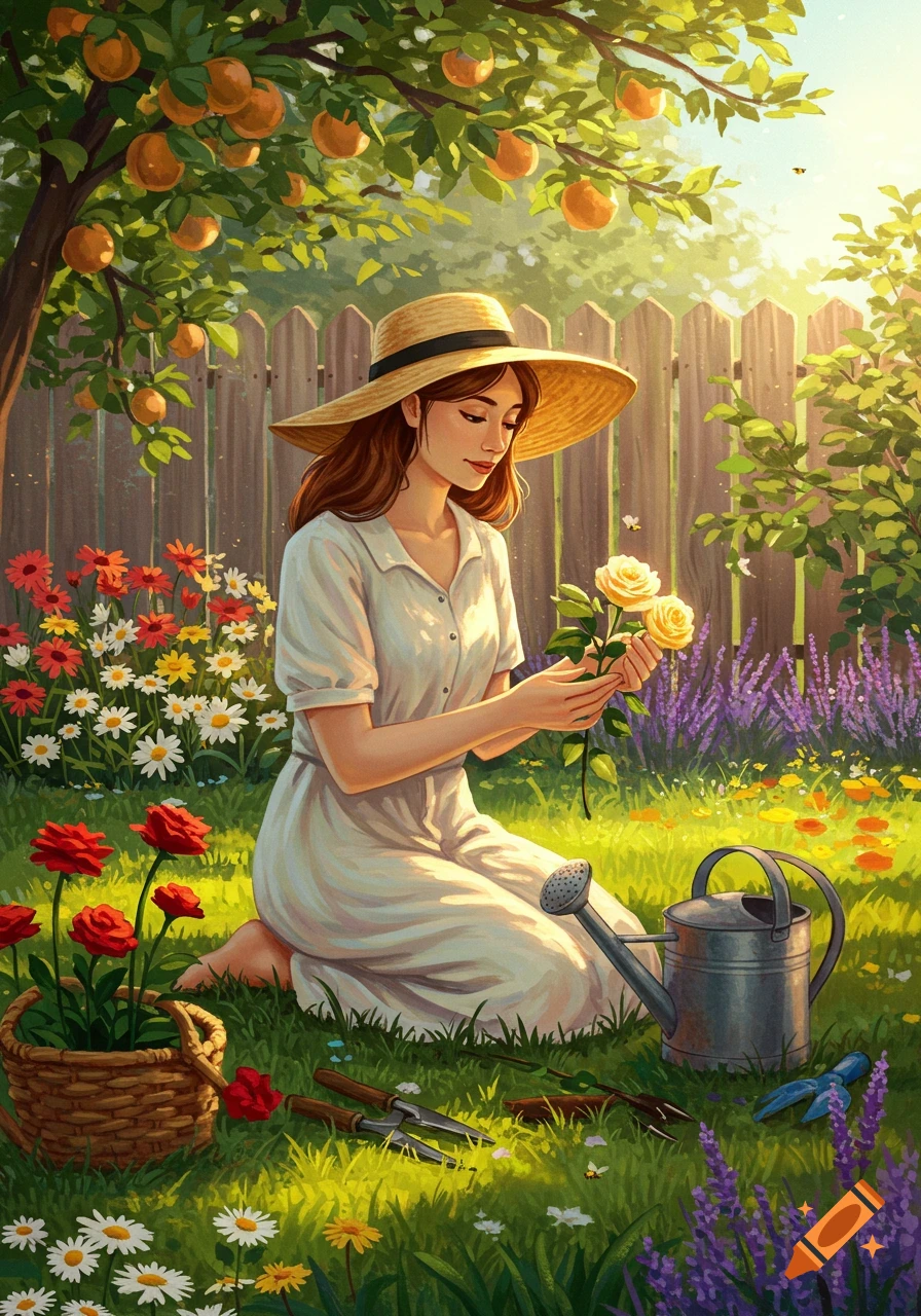A woman in a straw hat and white dress kneels in a vibrant, sunny garden, holding yellow roses amidst colorful flowers and fruit trees.