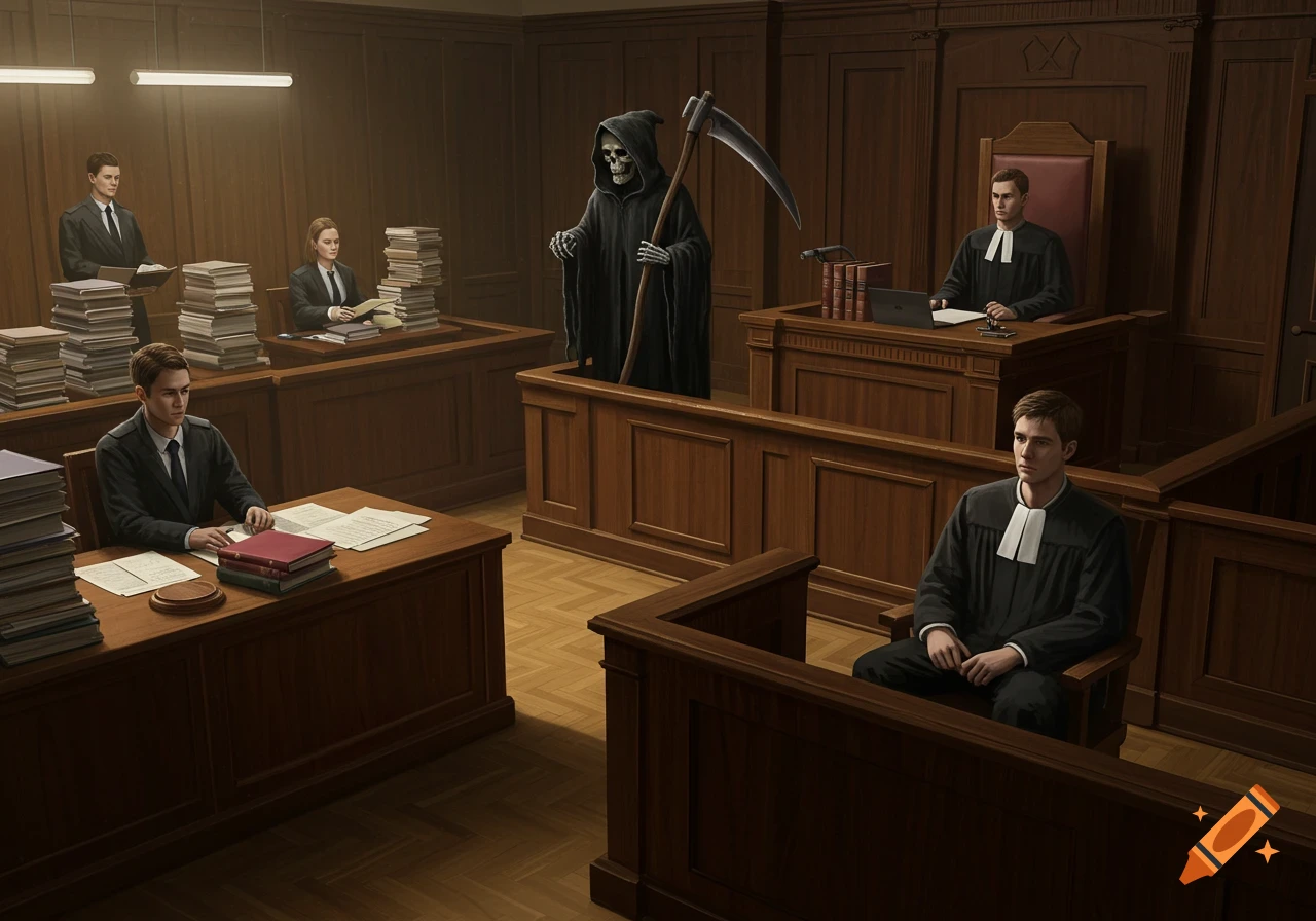 The Grim Reaper stands prominently in a courtroom, holding a scythe, surrounded by lawyers and a judge sitting at wooden desks with stacks of papers.