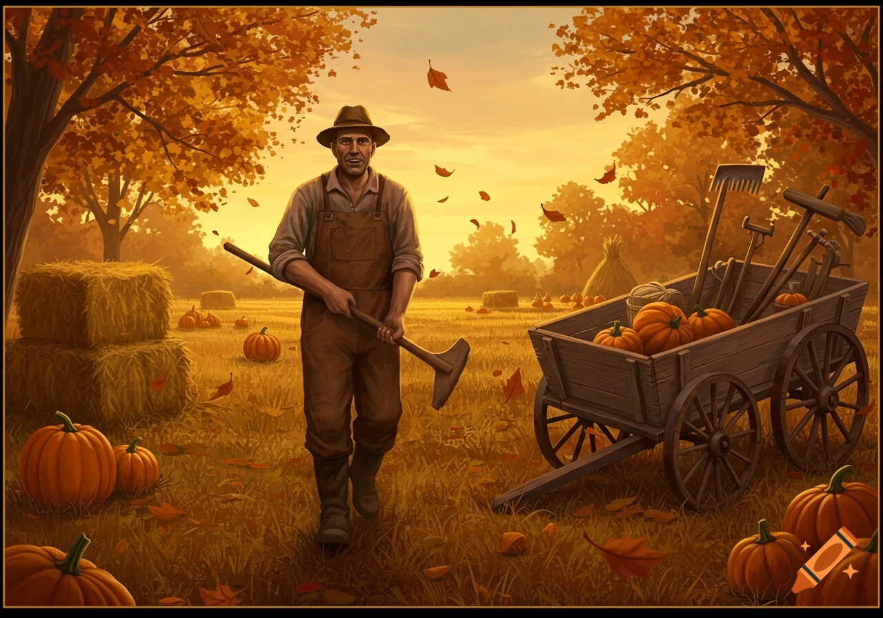 A man in a hat and overalls holds a rake in a vibrant autumn field with scattered leaves, pumpkins, and hay bales, beside a wooden cart.