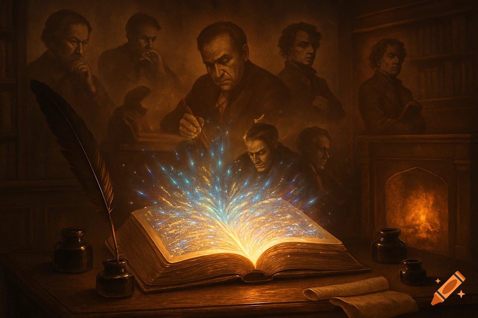 A dark, painterly image of an open book glowing with mystical light on a desk with a quill, surrounded by spectral male authors.