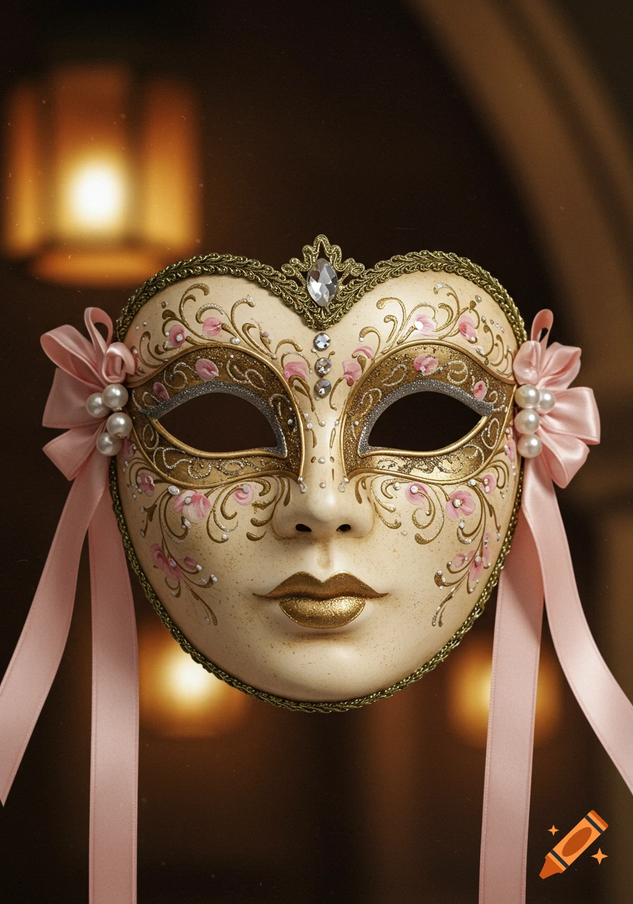 A cream and gold masquerade mask with pink floral details, ribbons, pearls, and jewels, set against a blurred dark background.