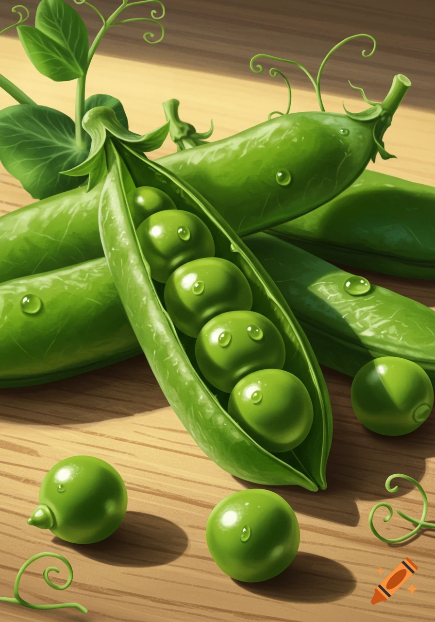 Close-up of fresh green pea pods, one open to show peas, with water droplets on a wooden surface.