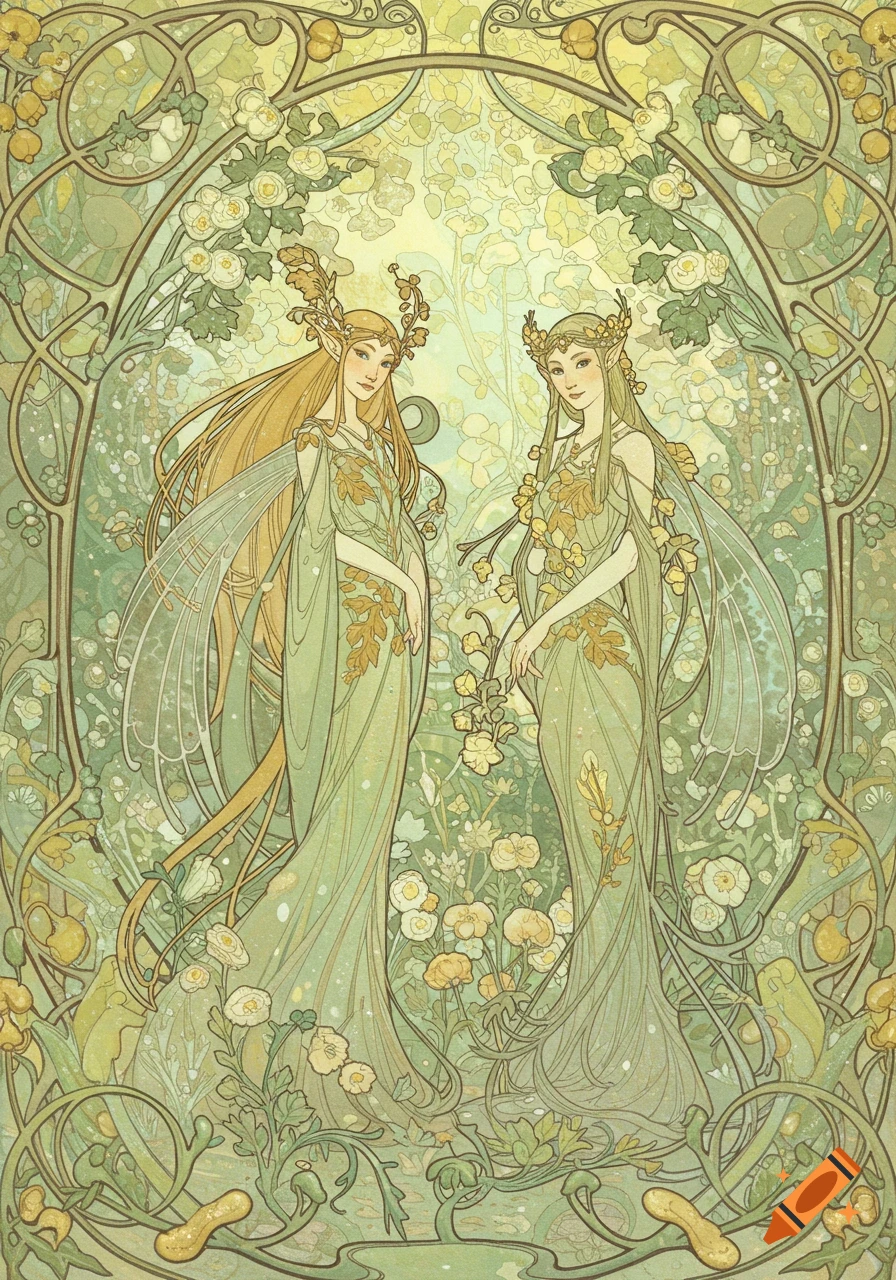 Two elegant elven women with long hair and delicate wings stand amidst lush, flowing Art Nouveau floral patterns in green and gold.