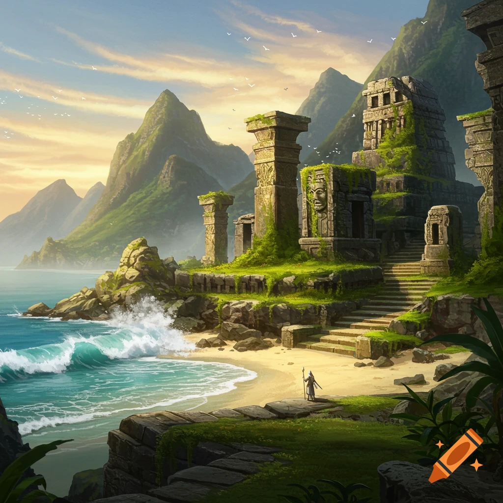 Digital painting of moss-covered ancient ruins on a tropical island beach, with mountains, crashing waves, and a lone figure.