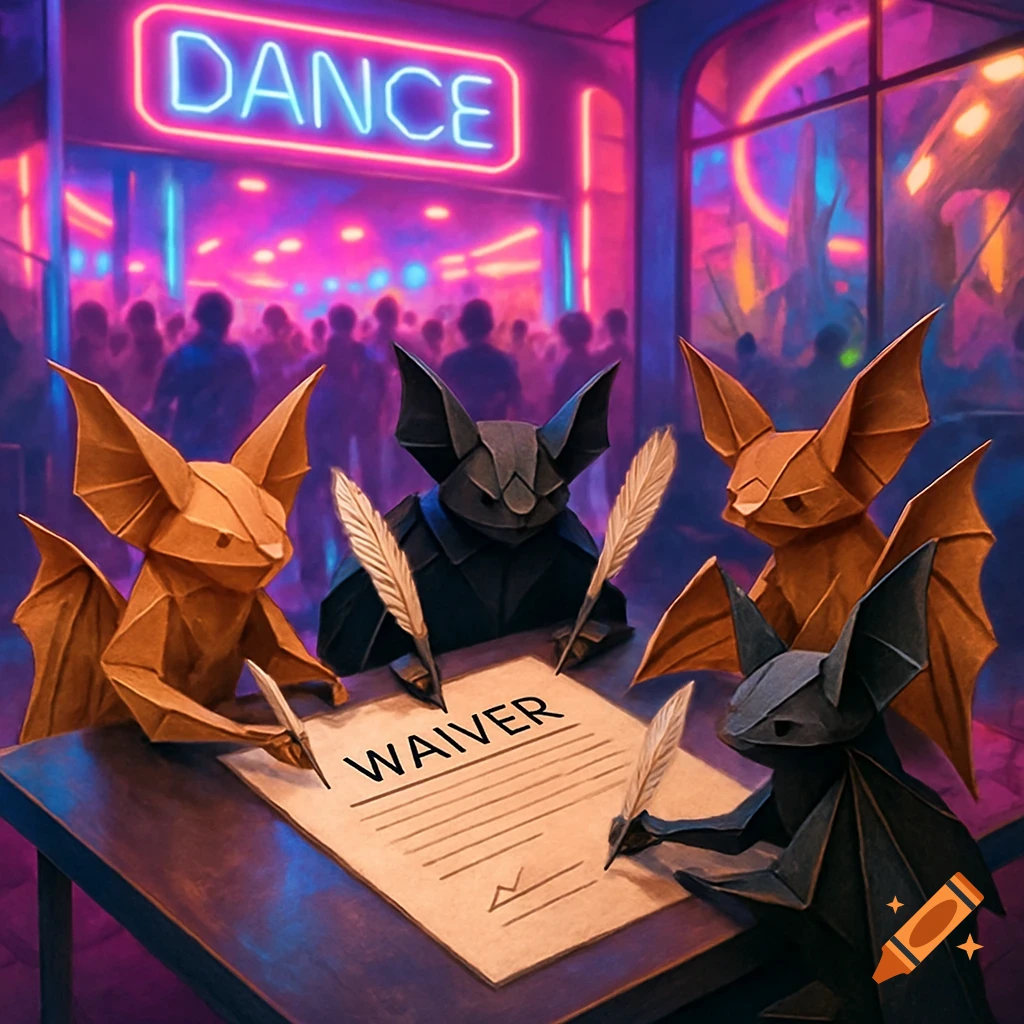 Brown and black origami bats sign a waiver at a table in a neon-lit dance club.