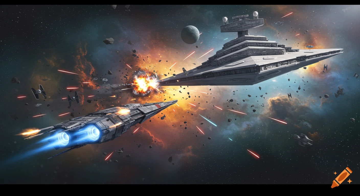A space battle between a Star Destroyer and another spaceship, surrounded by explosions, laser fire, and nebulae in deep space.
