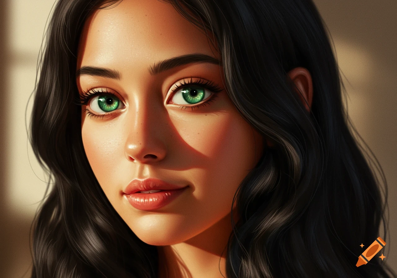 Close-up digital art portrait of a young woman with dark wavy hair ...