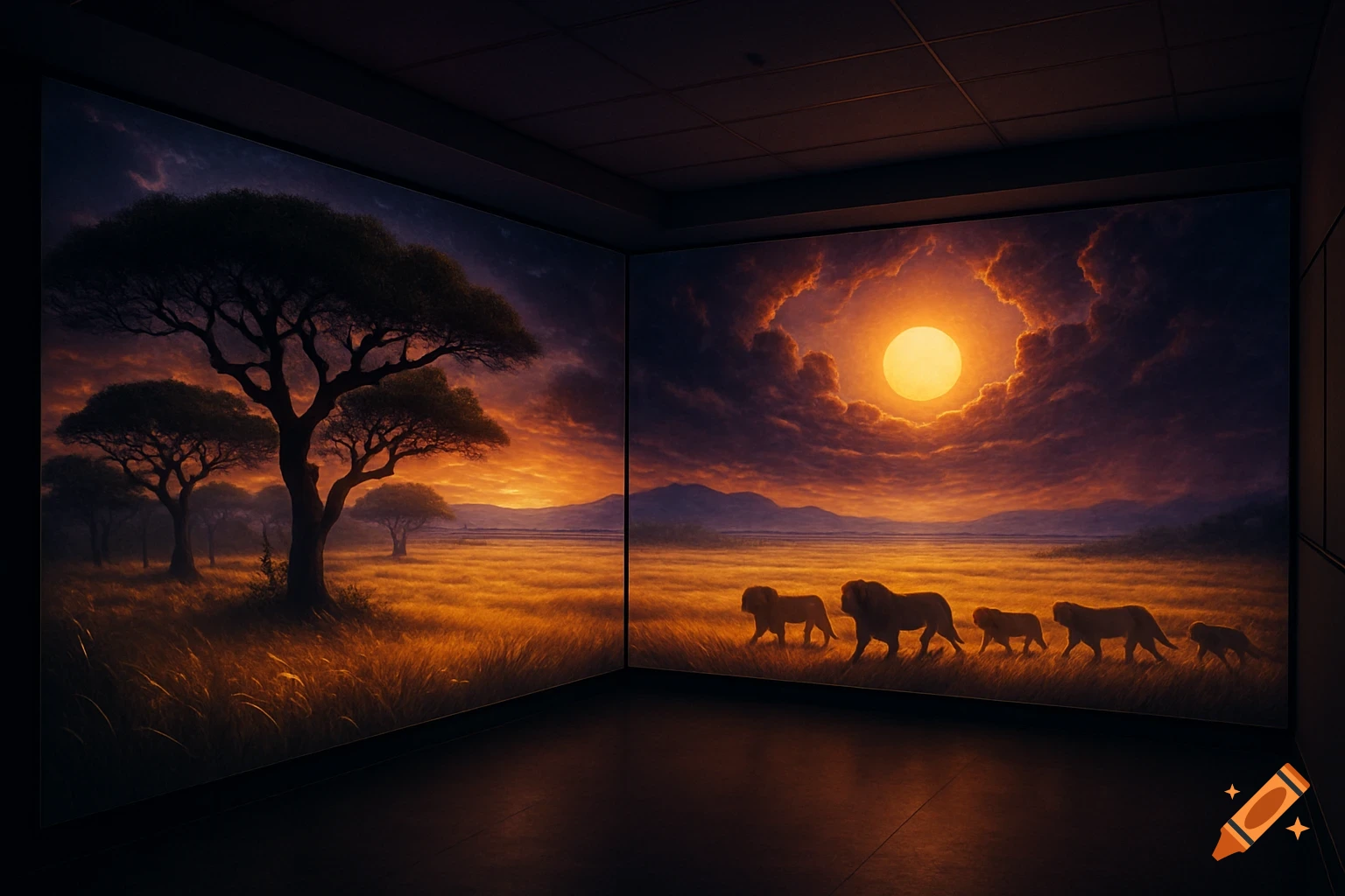A projected image of an African savanna at sunset with acacia trees and a pride of lions walking across golden grass.