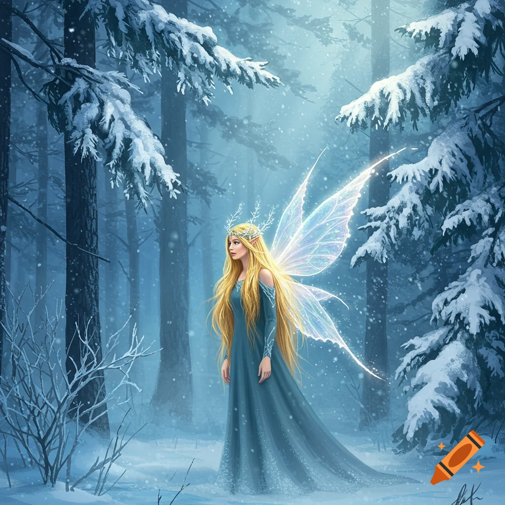 A blonde-haired fairy with luminous wings and a blue dress stands in a snowy forest with falling snow.