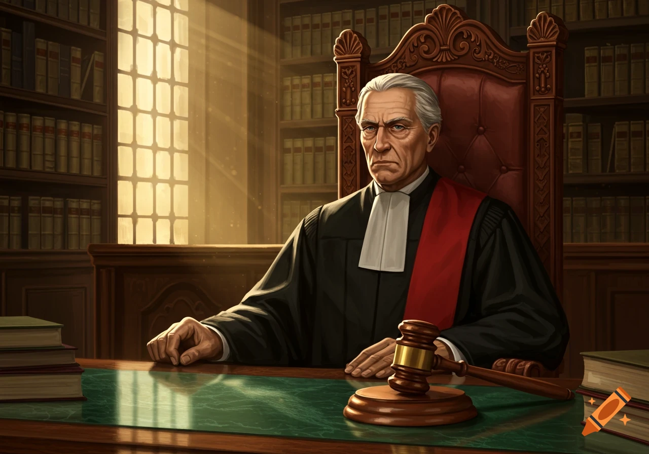 Illustrative portrait of an old judge with a serious expression, wearing robes and a red sash, sitting at a desk with a gavel in a library.