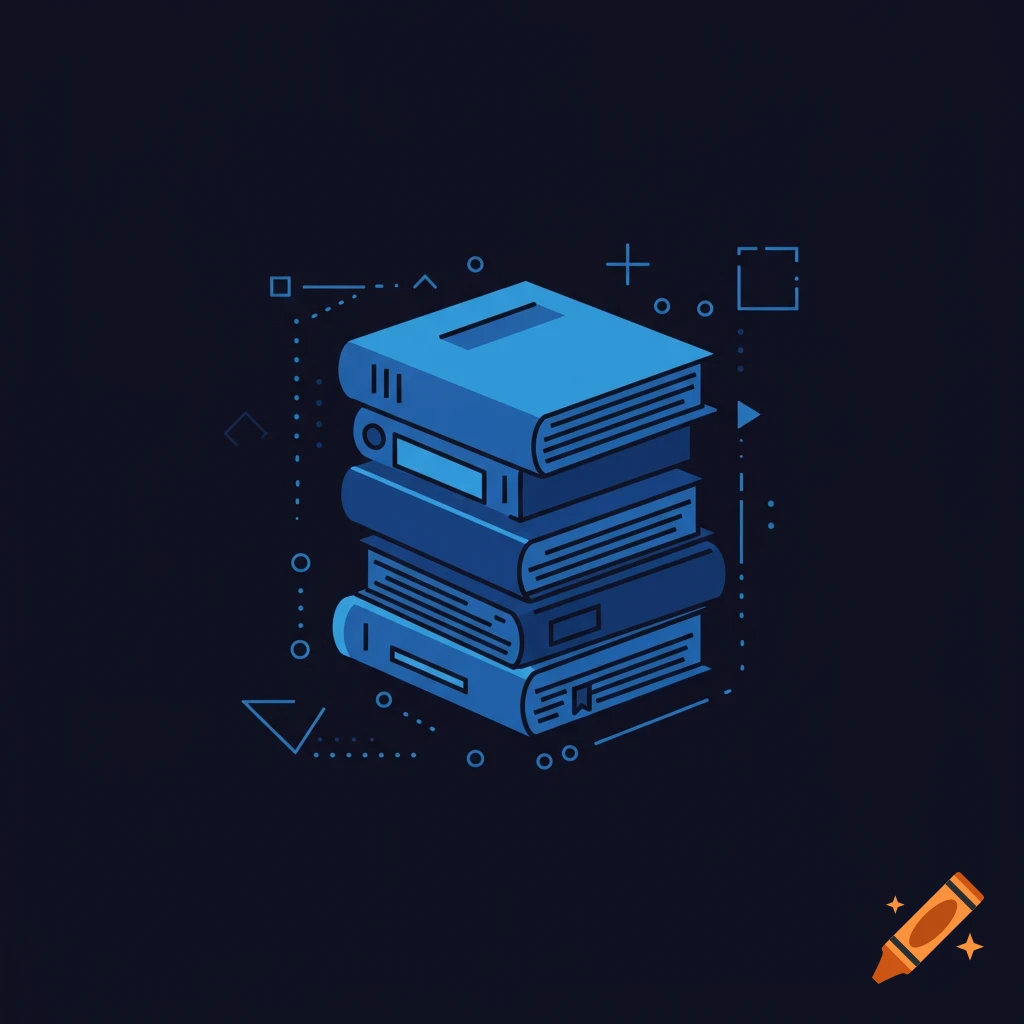 Blue minimalist icon of a stack of books on a dark background with abstract geometric patterns.