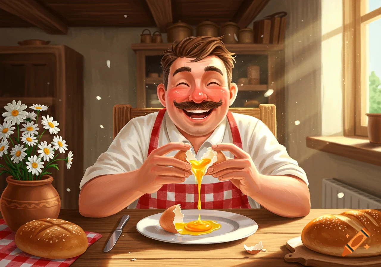A cartoon man with a mustache and red apron happily cracks an egg yolk over a plate in a rustic kitchen.