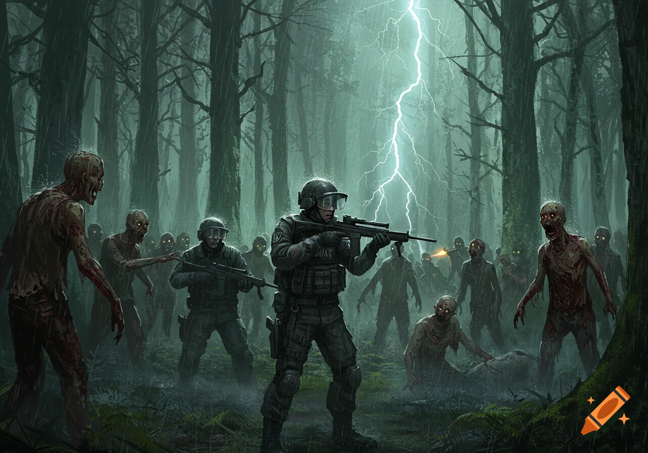 Digital illustration of soldiers with rifles fighting hordes of zombies in a dark, rainy forest under a lightning strike.