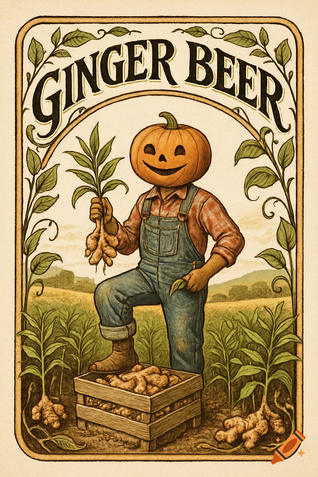 Vintage illustration of a pumpkin-headed farmer in overalls harvesting ginger, with 'GINGER BEER' text above.