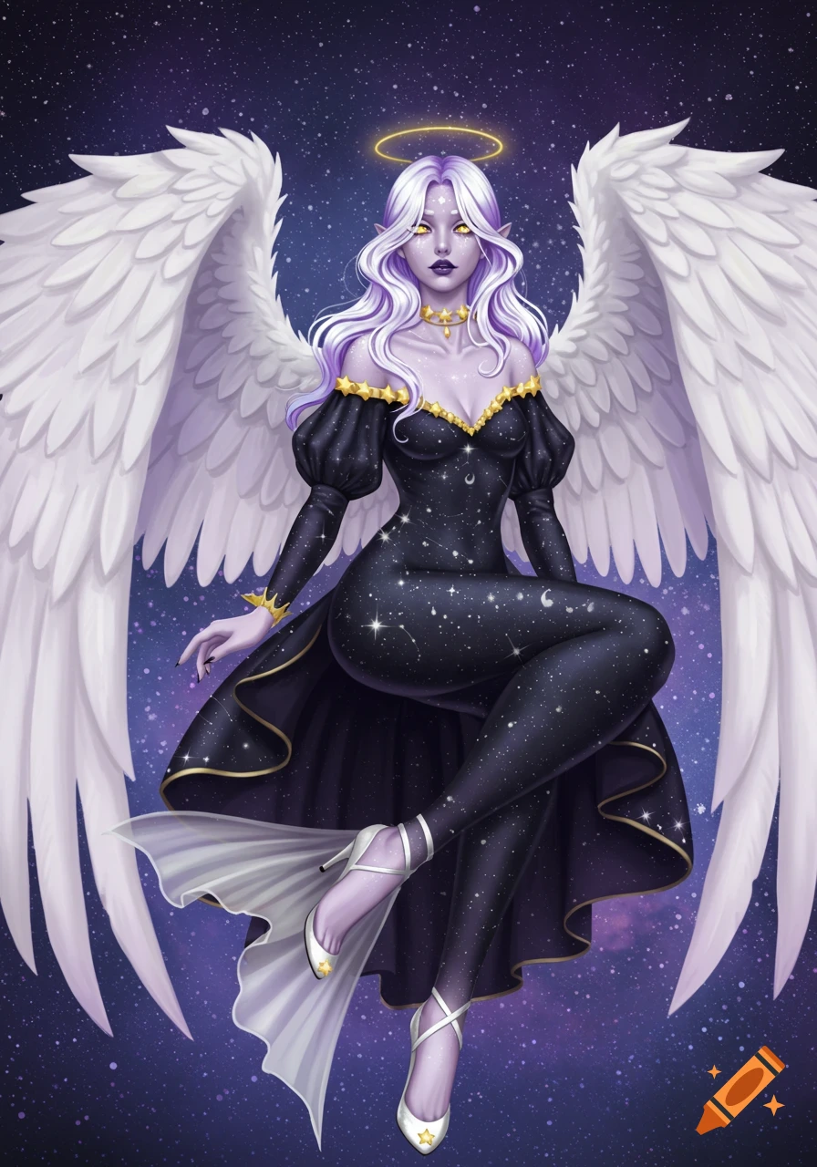 A beautiful winged woman with long purple hair, yellow eyes, and pale skin, wearing a dark gown with star motifs, against a starry sky.
