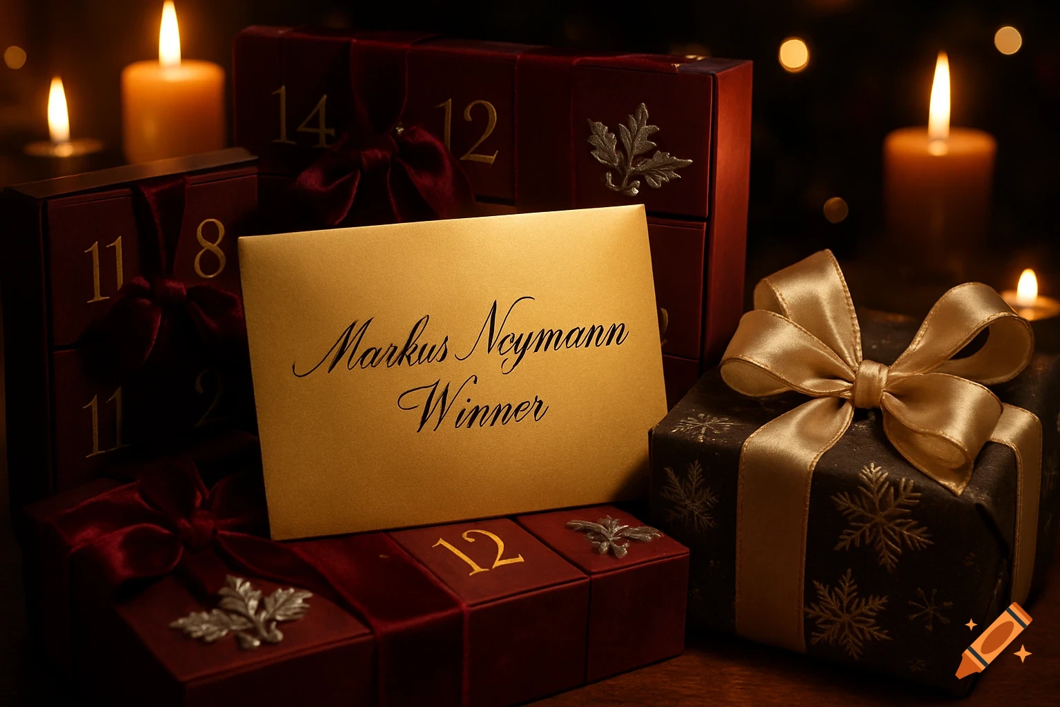 A golden envelope with "Markus Neymann Winner" rests among red advent calendar boxes, a dark gift with a golden bow, and lit candles, in a warm, festive setting.