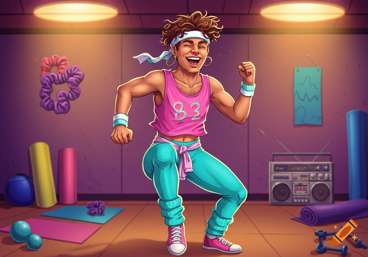 A cheerful person in 80s workout attire poses energetically in a retro-themed gym, surrounded by equipment.