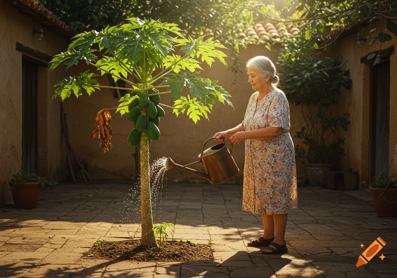 An elderly woman with gray hair waters a small papaya tree in a sunny, paved courtyard with traditional buildings in the background.