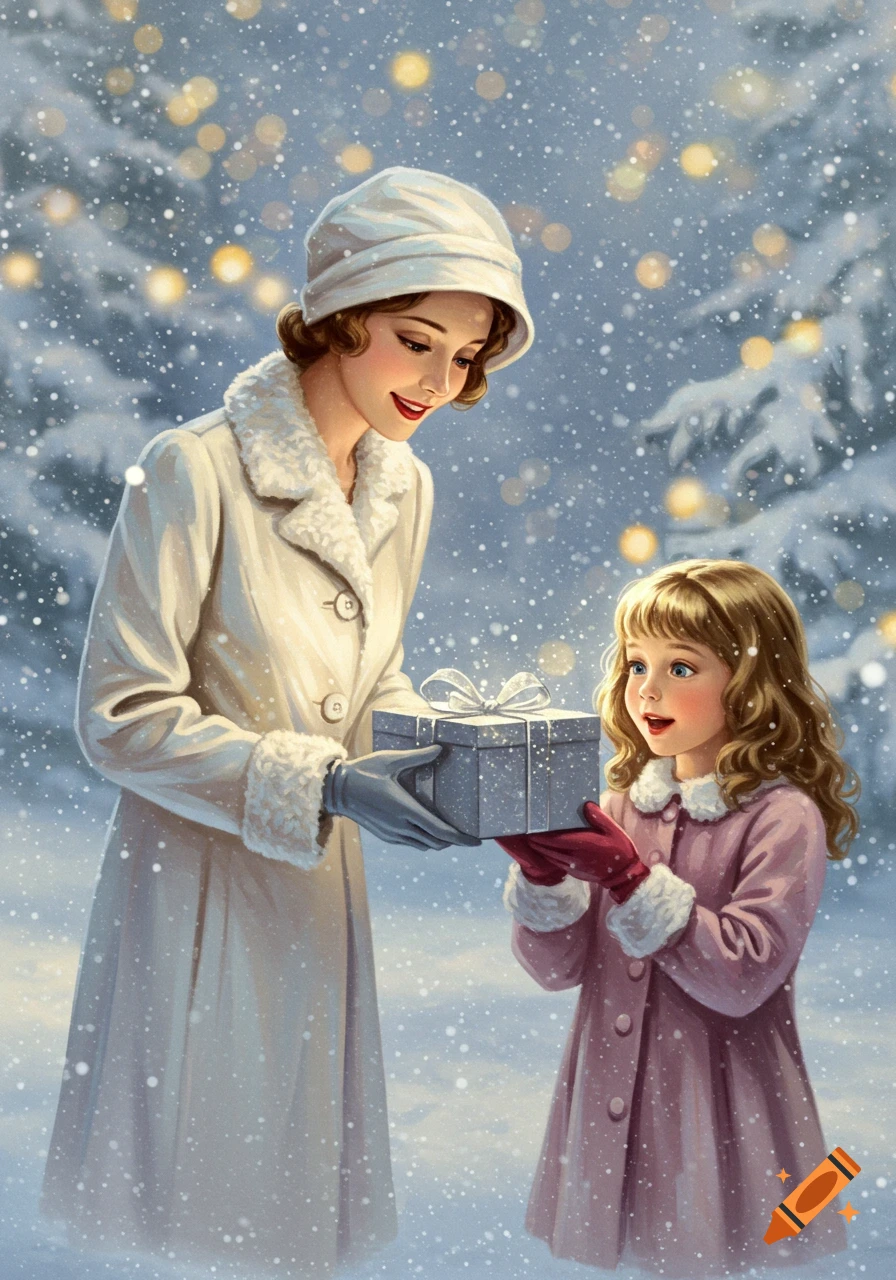 Vintage illustration of a woman in a white coat giving a gift to a smiling little girl in a snowy Christmas setting.
