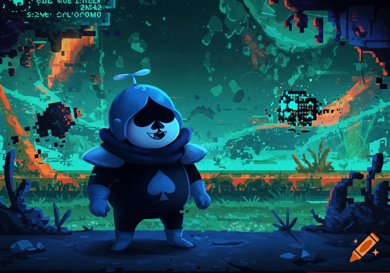 A cute, blue Lancer from Deltarune stands in a glitchy, teal, and orange digital landscape with a wide grin.