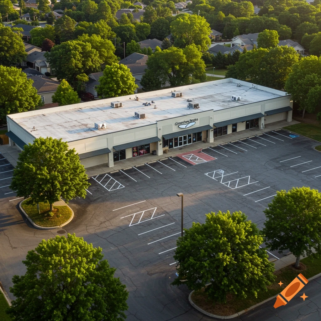 Aerial view of a small, modern shopping center with an empty parking lot, surrounded by green trees and houses, under golden hour sunlight.