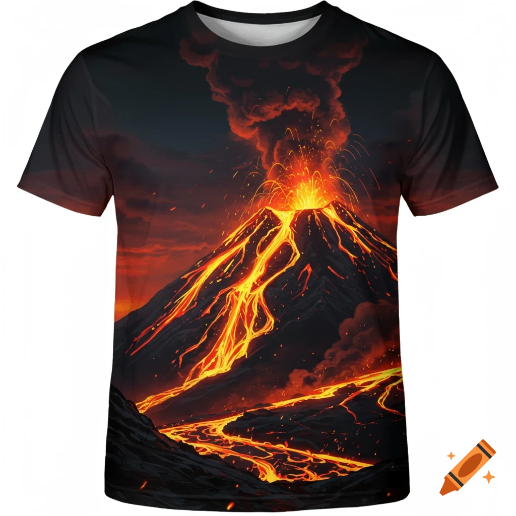 A black t-shirt with a full print of a vibrant, active volcano erupting with lava flowing down its sides at night.