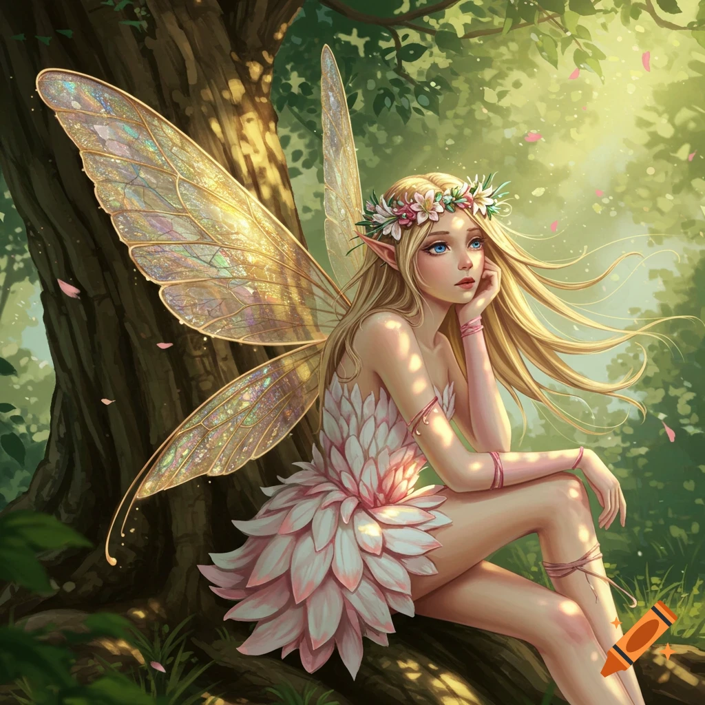 A blonde fairy with iridescent wings and a flower wreath sits gracefully by a tree in a sunlit forest, wearing a petal dress.