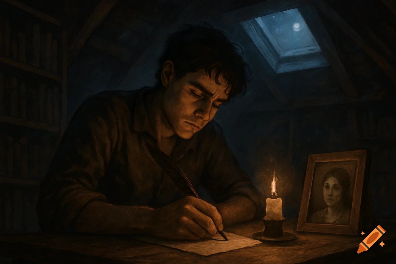 A young man intensely writes a letter with a quill pen by candlelight in a dark attic, with a framed photo nearby.