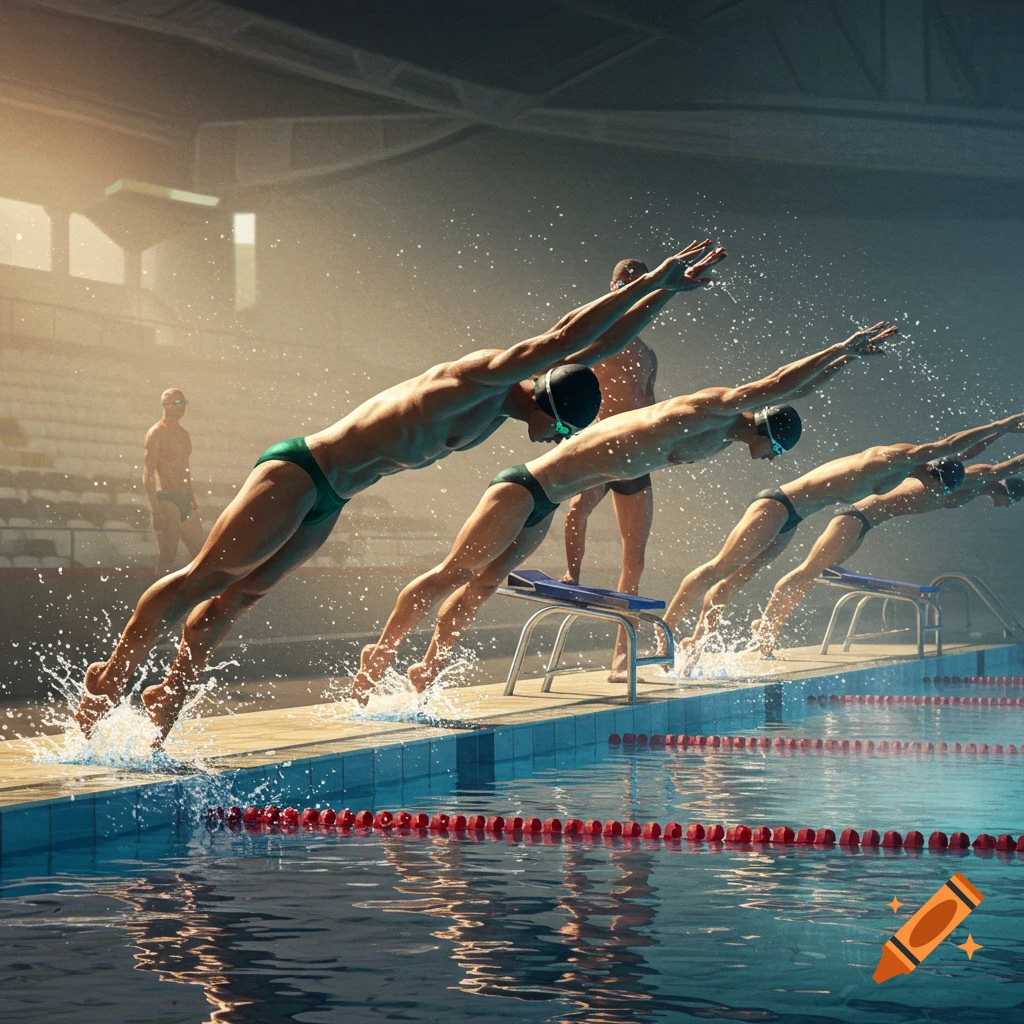 Muscular male swimmers dive into a pool during a race, splashing water, in a dramatic, well-lit scene.