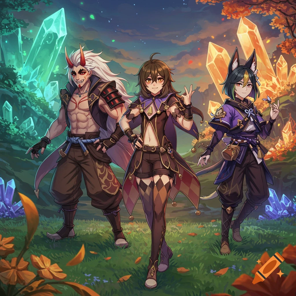 Three anime-style characters, a white-haired man with horns, a brown-haired woman, and a black-haired man with animal ears, stand in a fantasy landscape with glowing crystals.