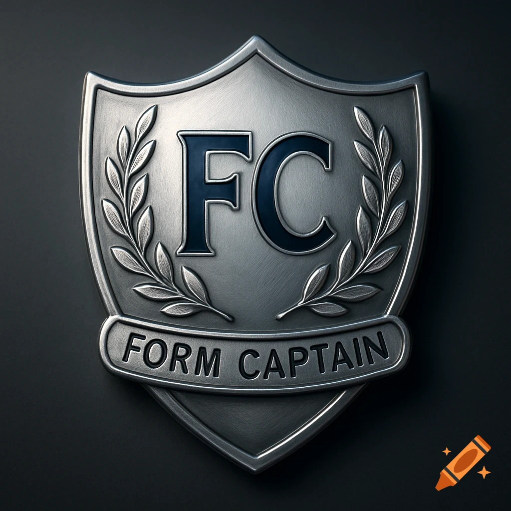 A silver metallic shield-shaped badge with 'FC' and 'FORM CAPTAIN' text, flanked by olive branches.