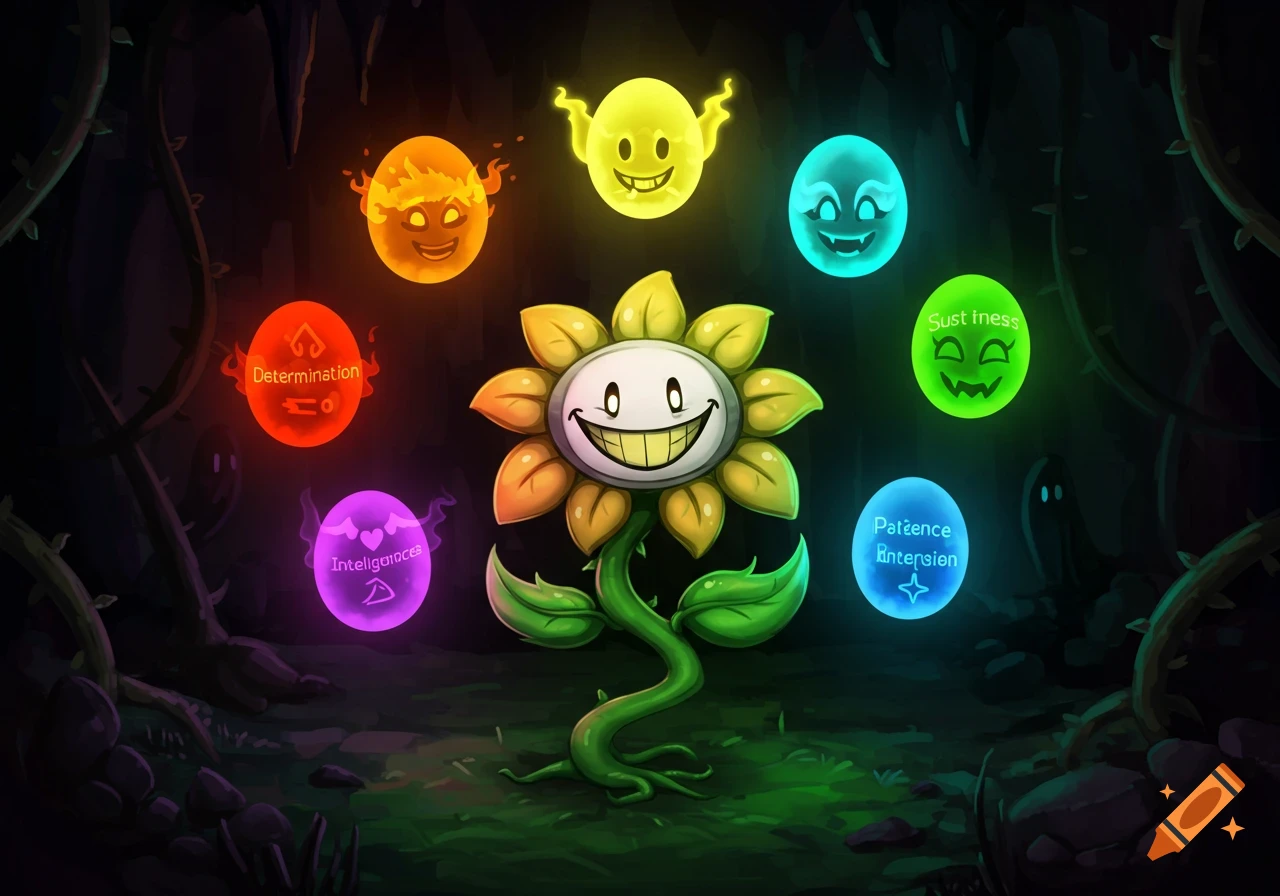 The sinister smiling character Flowey from Undertale, a flower, surrounded by seven glowing, colorful soul orbs in a dark cave setting.