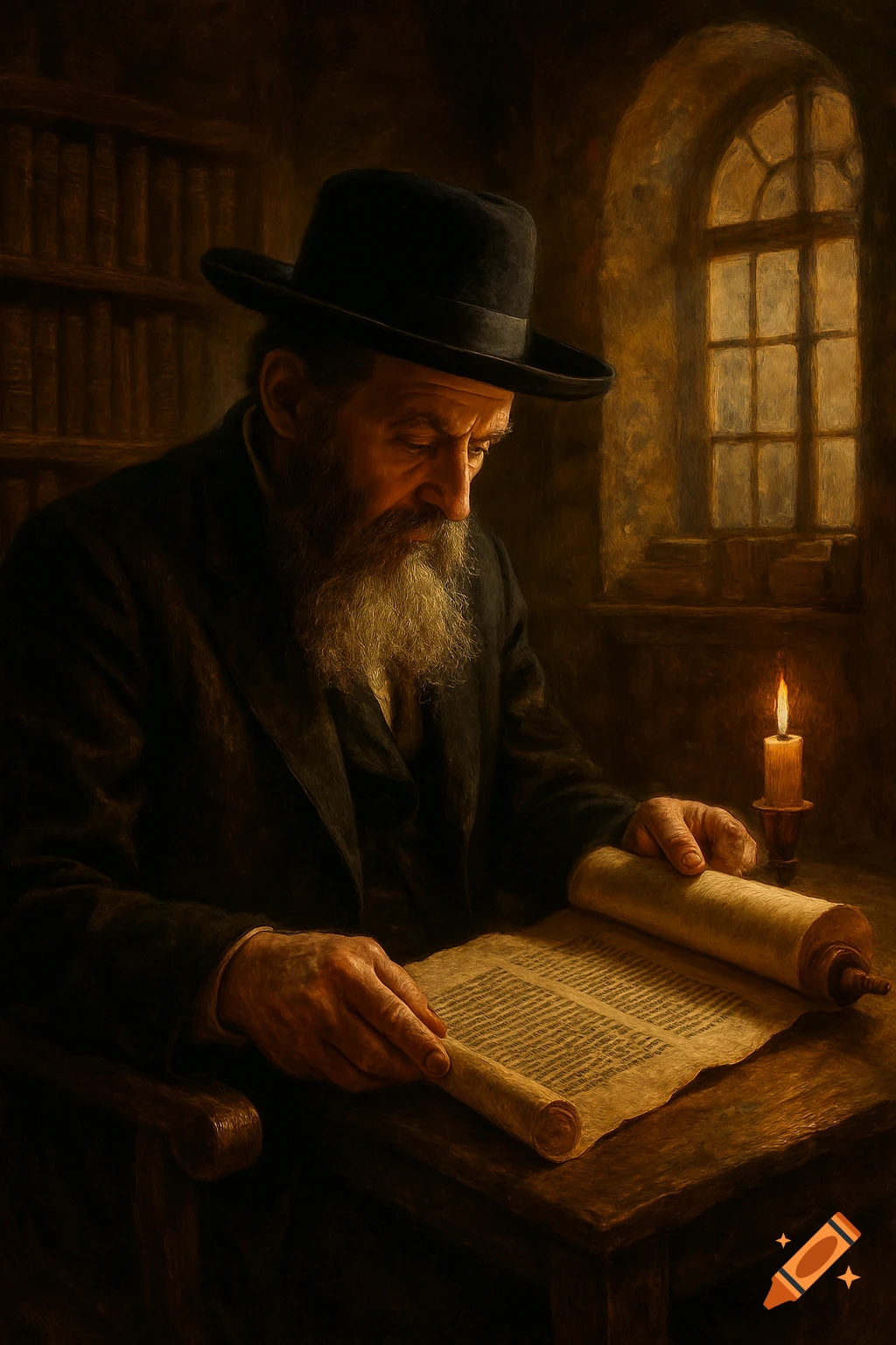 A bearded man in a black hat reads a Torah scroll by candlelight in a dimly lit, painterly room.