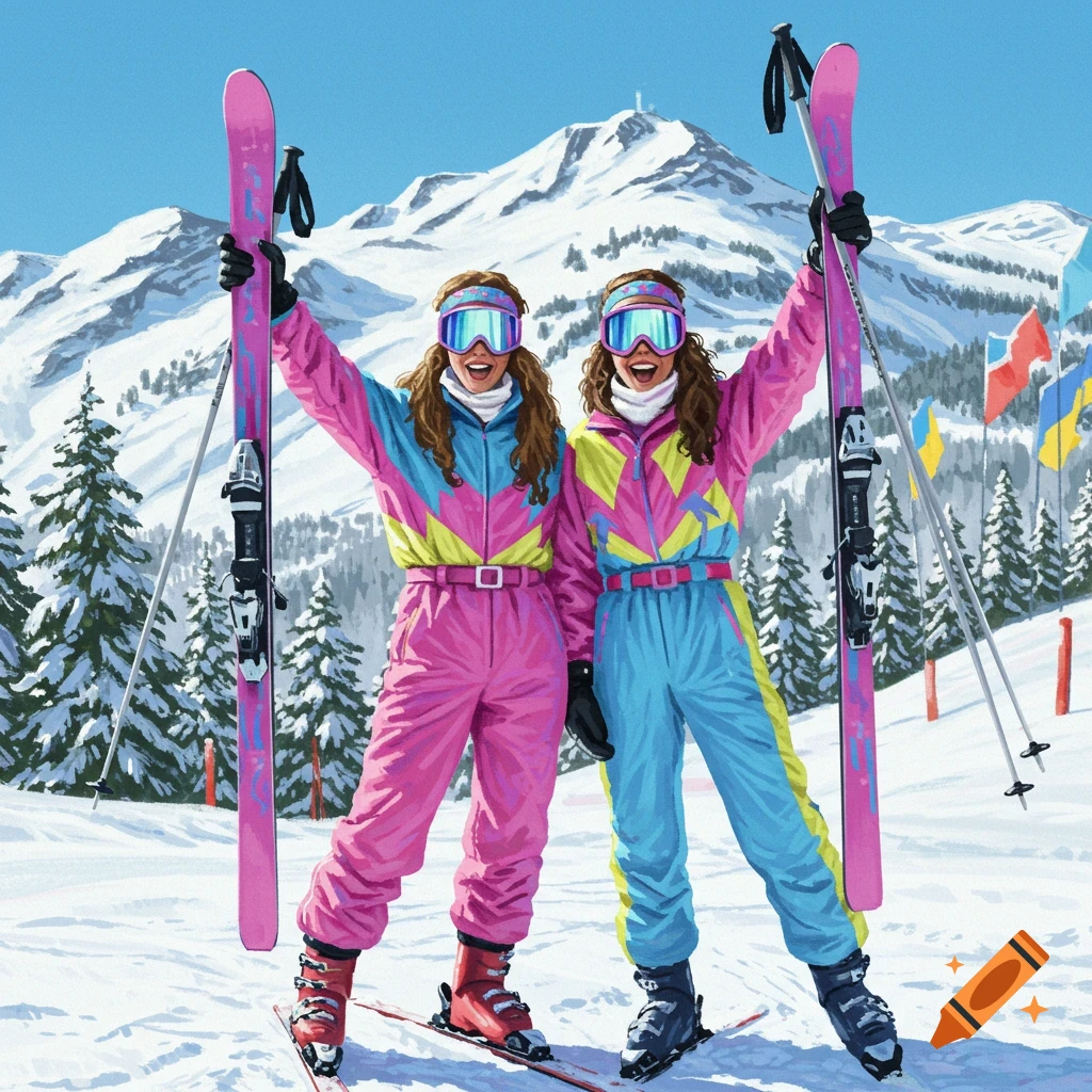 Two excited skiers in vibrant 80s-style pink and blue ski suits pose with their skis on a snowy mountain slope.