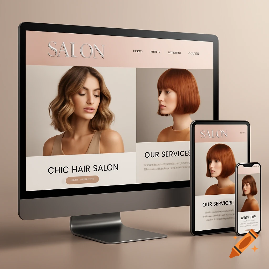 A hair salon website template displayed across a desktop monitor, tablet, and smartphone, showing women with stylish hair.