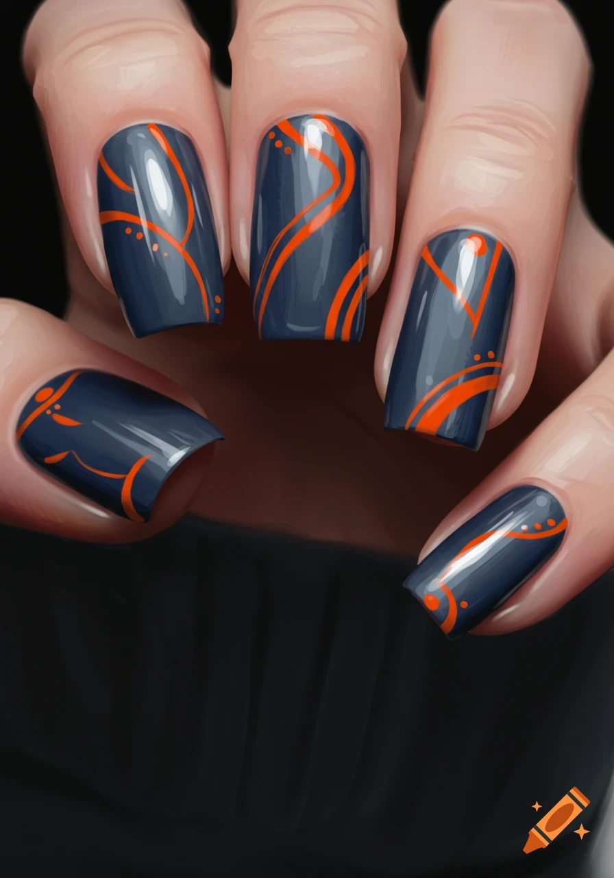 A hand with dark blue/grey nails featuring bright orange abstract patterns.
