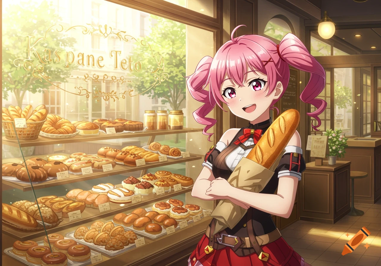 Anime girl with pink pigtails smiling, holding a baguette in front of a bakery window filled with pastries and a 'Kasane Teto' sign.