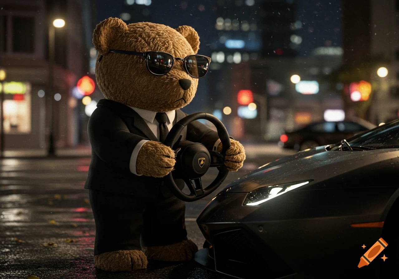 A photorealistic teddy bear in a black suit and sunglasses holds the steering wheel of a black Lamborghini on a wet city street at night.