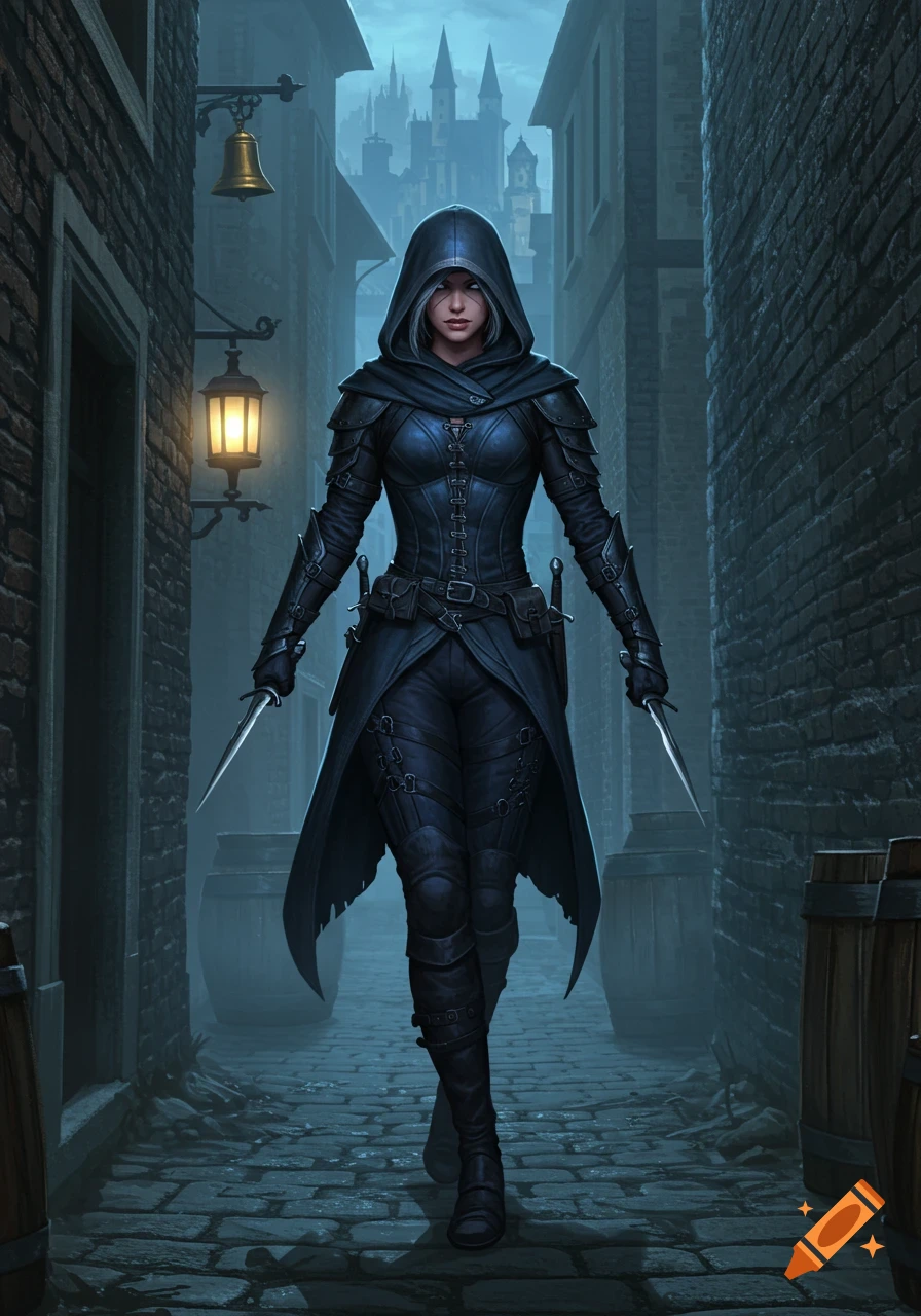 A female rogue in dark leather armor, holding daggers, stands in a dimly lit medieval alley with a castle in the background.