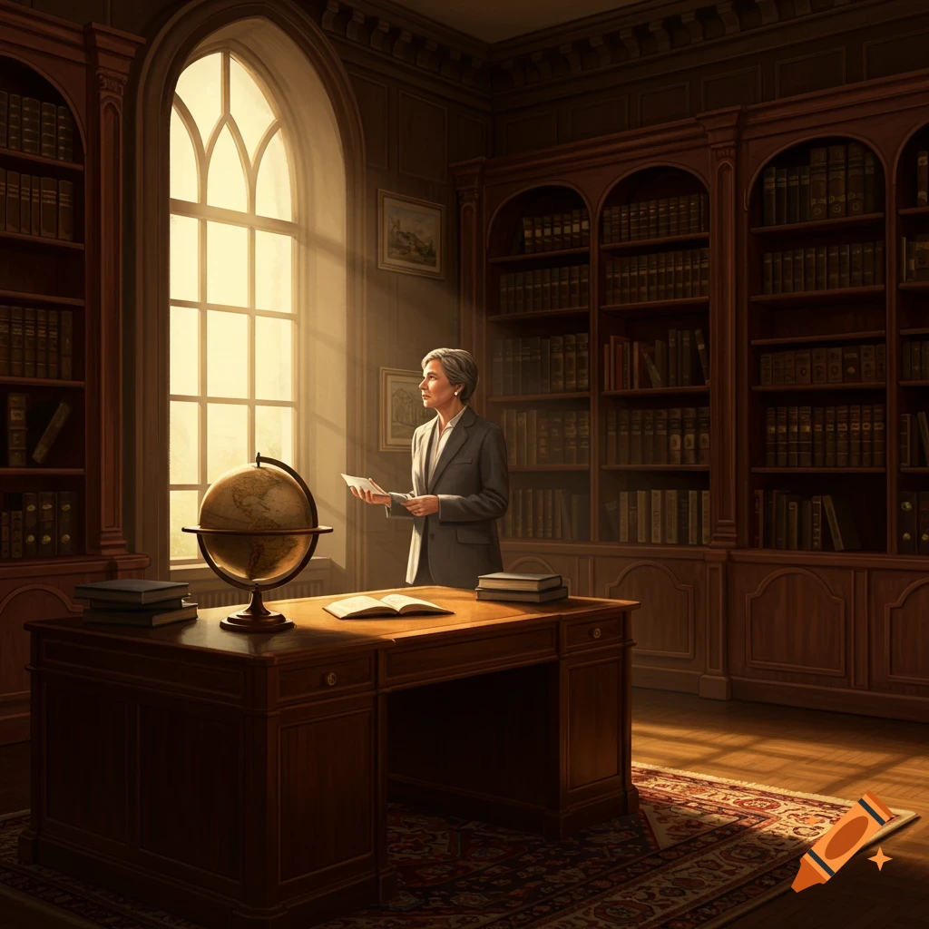 A woman in a suit stands in a grand library, sunbeams stream through a tall arched window. A desk with books and a globe is in the foreground.