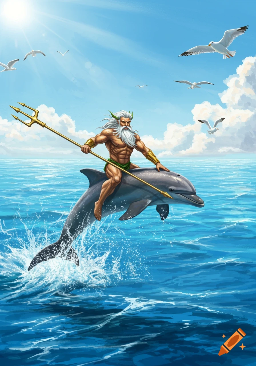 Triton, a muscular sea god with a white beard, rides a dolphin through a bright blue ocean under a sunny sky with seagulls.